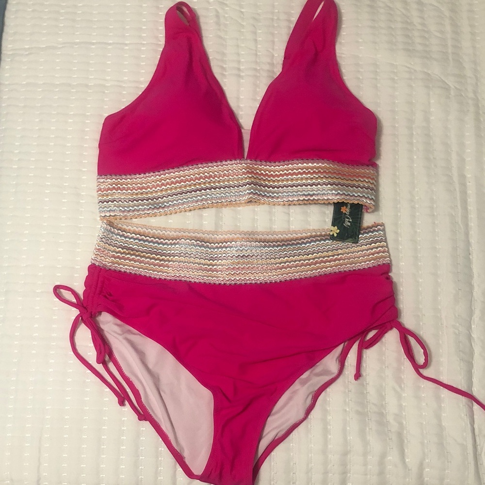 Women’s Hot Pink High-Waist Bikini Set with Textured Band